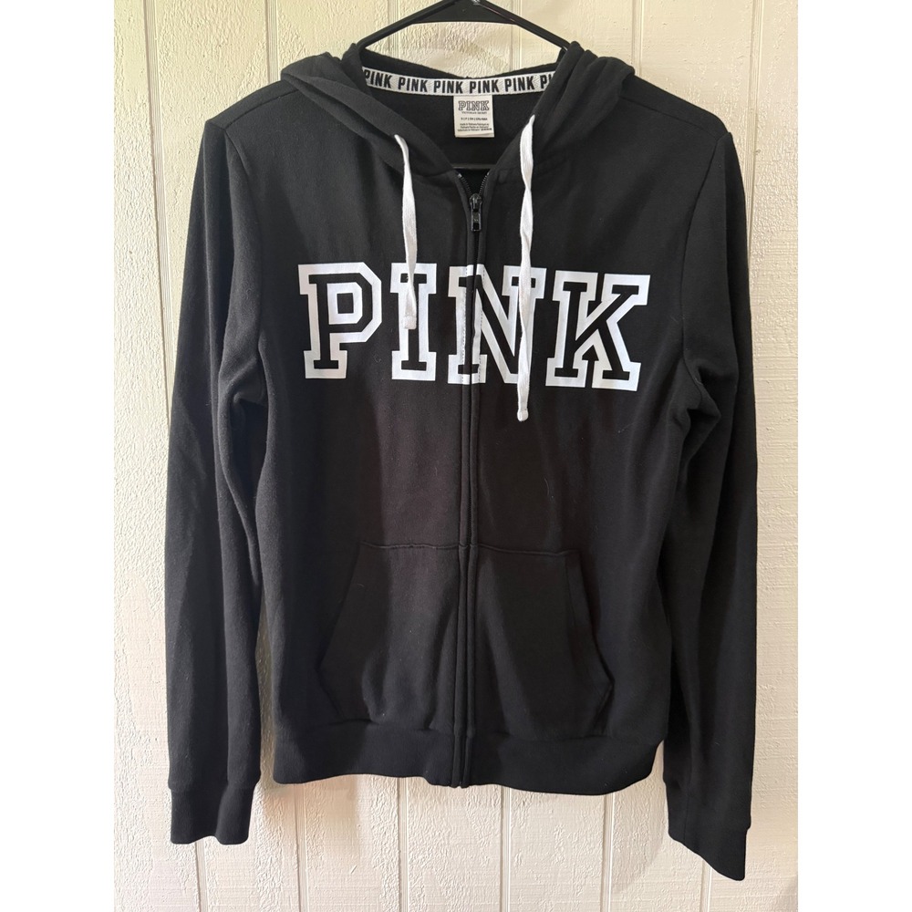 Victoria's Secret PINK Black Full Zip Hoodie Logo Graphic Sweatshirt Small